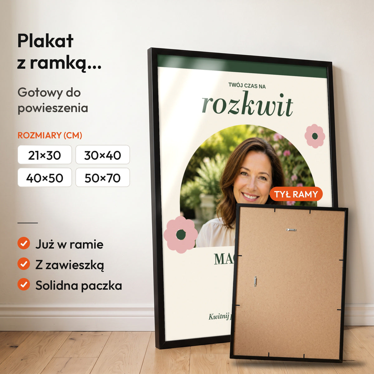 ROZKWIT — plakat z ramką, gotowy do powieszenia: czarna rama od przodu i tył ramy z zawieszką. C-PL-URODZ-40-3-2130-NF