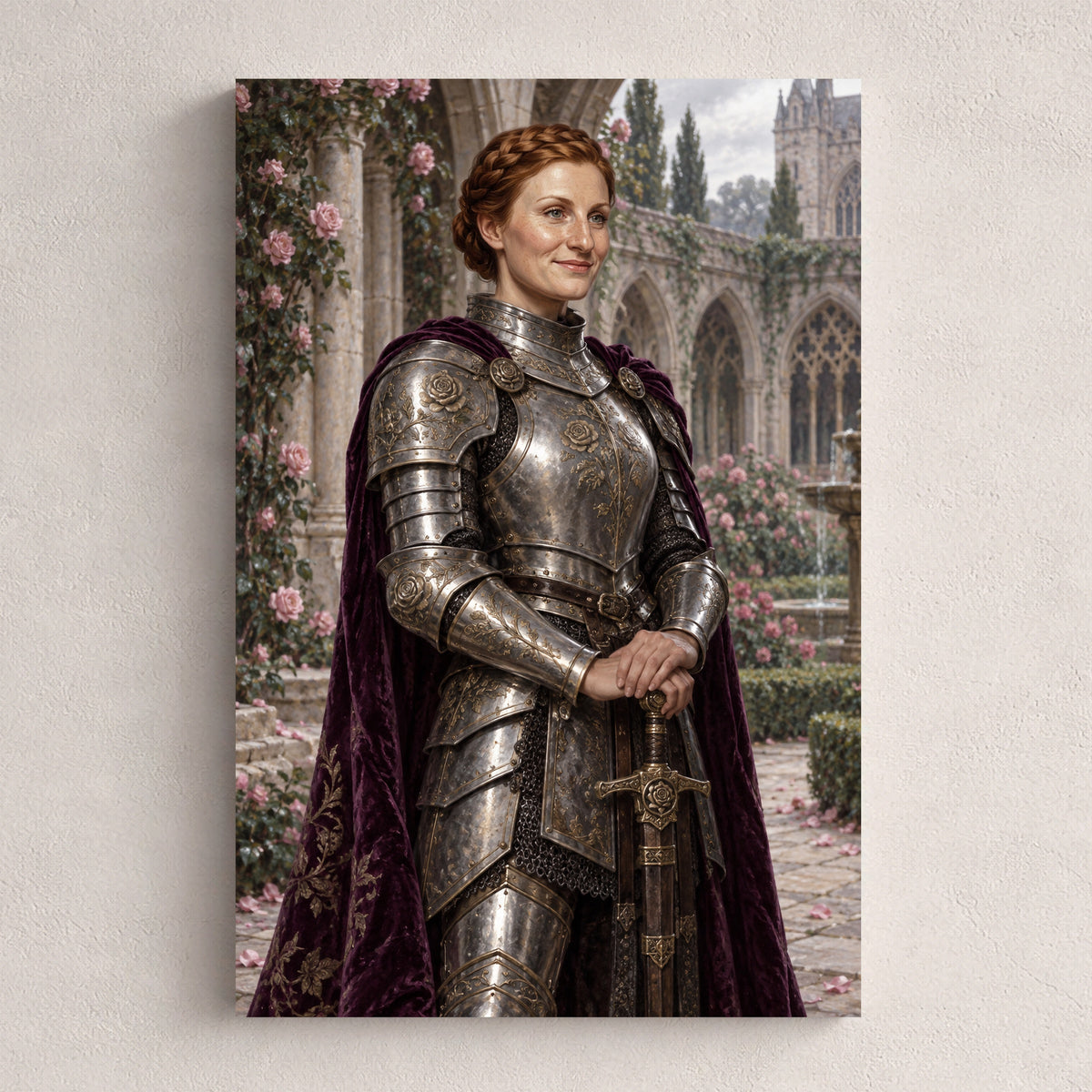Rycerka róży — personalizowany portret ze zdjęcia na płótnie, przykład obrazu w rozmiarze 20×30 cm na jasnej ścianie.