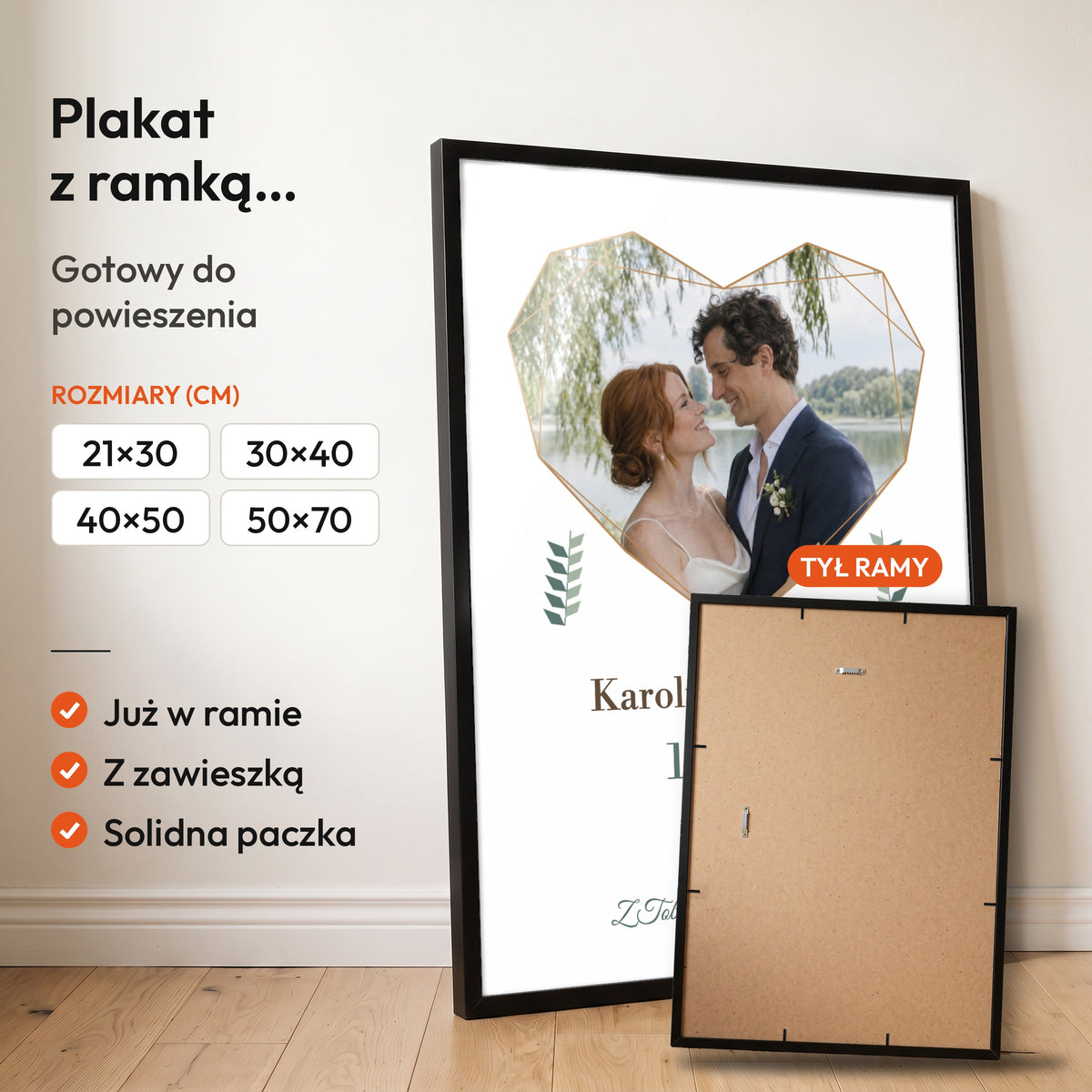Serce Wspomnień — plakat z ramką, gotowy do powieszenia: czarna rama od przodu i tył ramy z zawieszką. C-PL-HEART-16-2130-NF