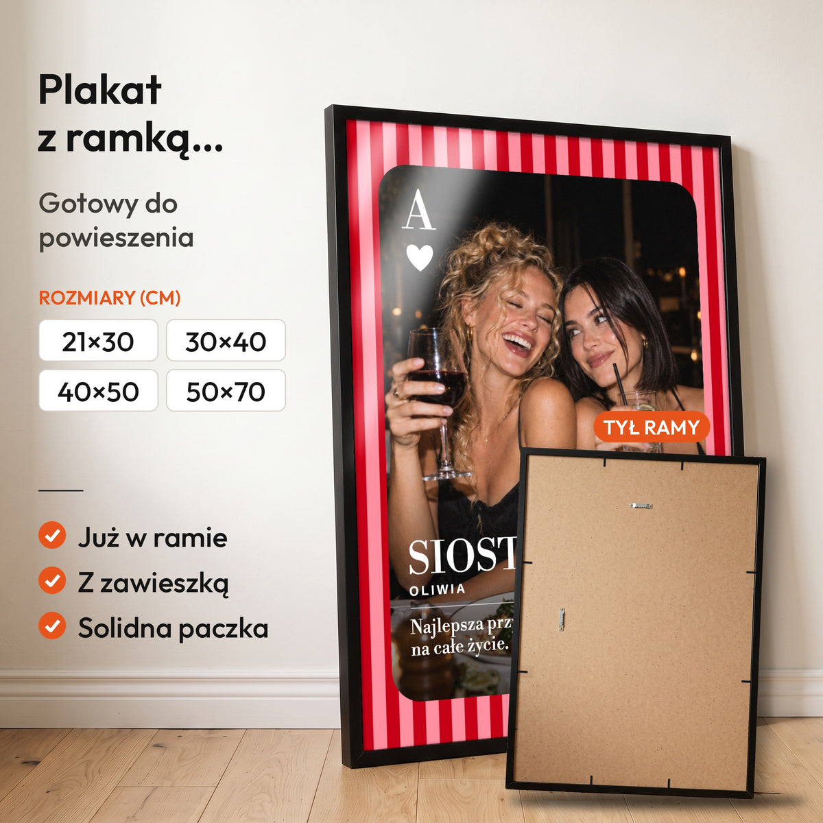 SIOSTRA — plakat z ramką, gotowy do powieszenia: czarna rama od przodu i tył ramy z zawieszką. C-PL-HEART-21-2130-NF