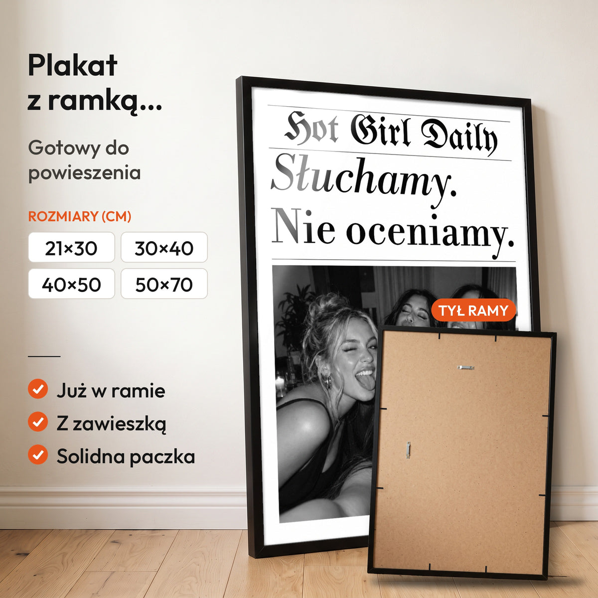 Słuchamy Nie Oceniamy — plakat z ramką, gotowy do powieszenia: czarna rama od przodu i tył ramy z zawieszką. C-PL-GAZ-10-2130-NF