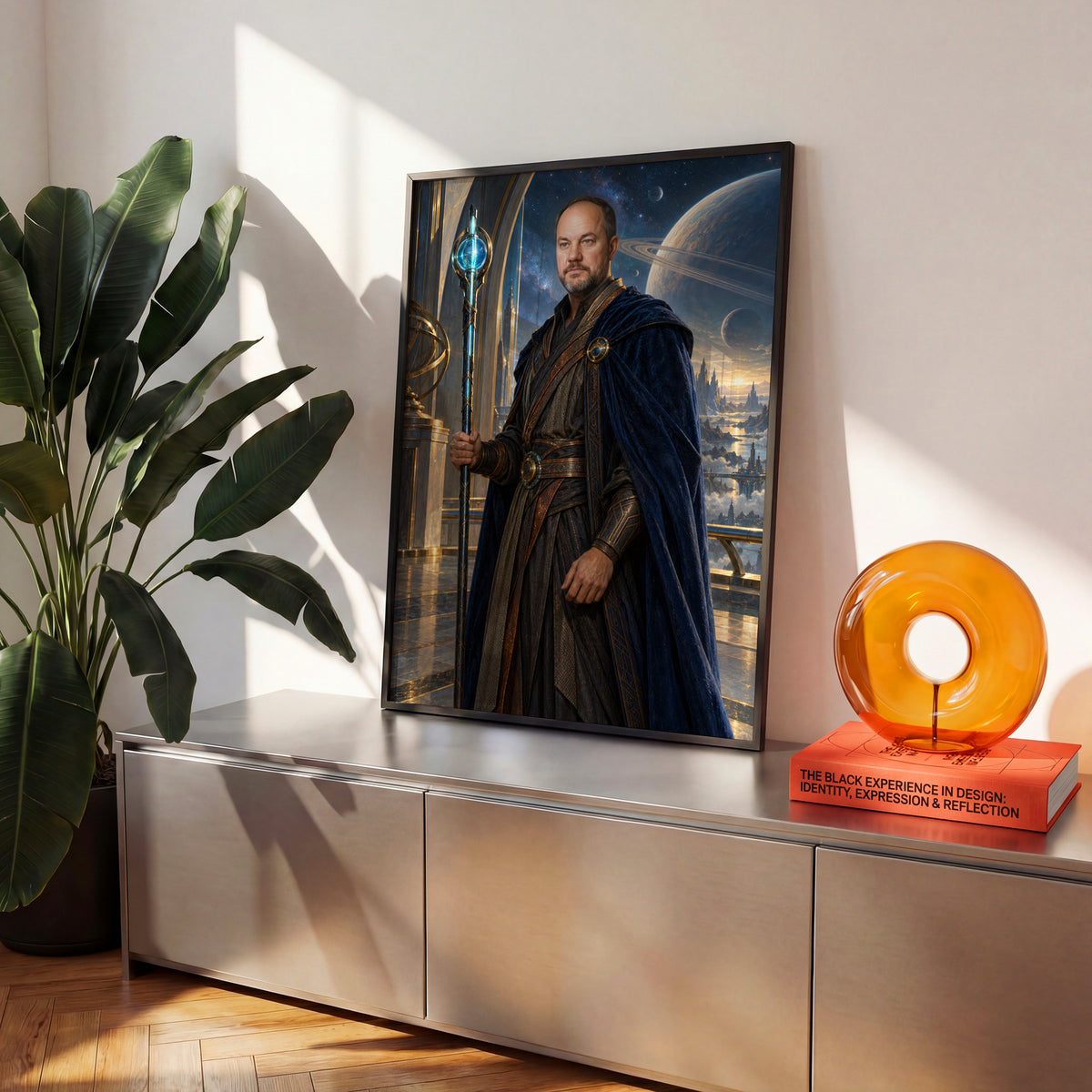 Strażnik Galaktyki — plakat w czarnej ramie na komodzie we wnętrzu, z portretem mężczyzny w granatowym płaszczu ze świetlistą laską na tle planet. C-PL-ROY-09-2130-NF