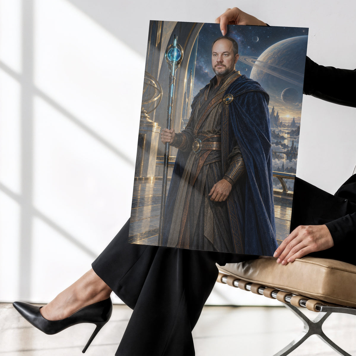 Strażnik Galaktyki — plakat bez ramki trzymany w dłoniach, z portretem mężczyzny w granatowym płaszczu ze świetlistą laską na tle planet. C-PL-ROY-09-2130-NF