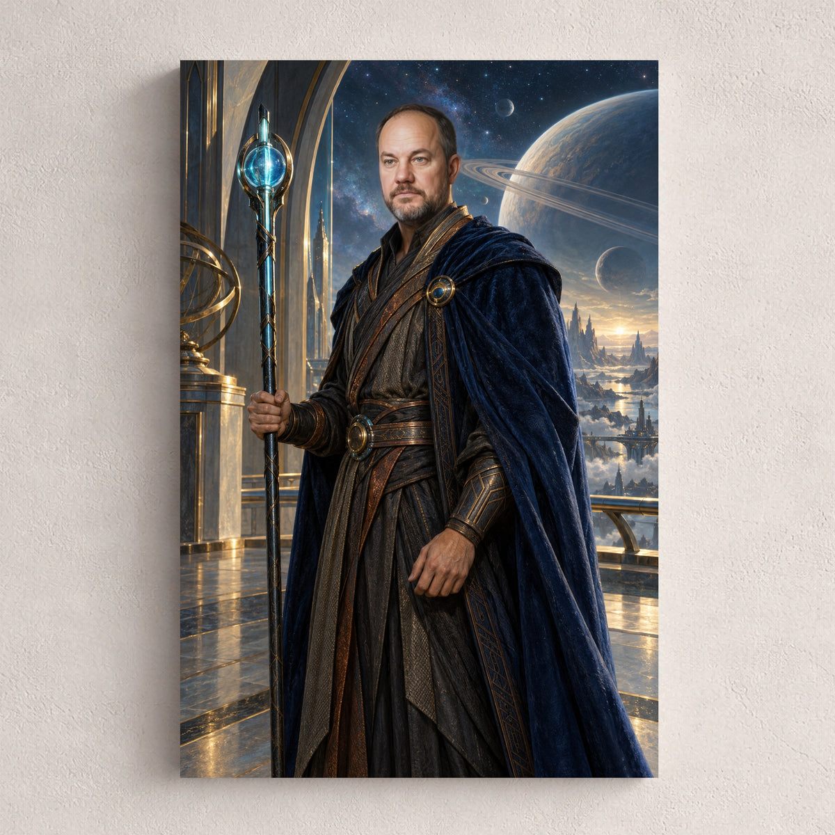 Strażnik galaktyki — personalizowany portret ze zdjęcia na płótnie, przykład obrazu w rozmiarze 20×30 cm na jasnej ścianie.