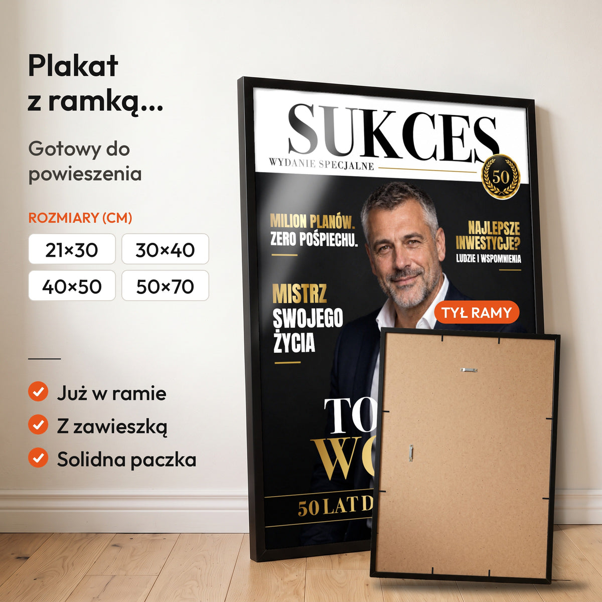 SUKCES — plakat z ramką, gotowy do powieszenia: czarna rama od przodu i tył ramy z zawieszką. C-PL-COVMAG-15-2130-NF