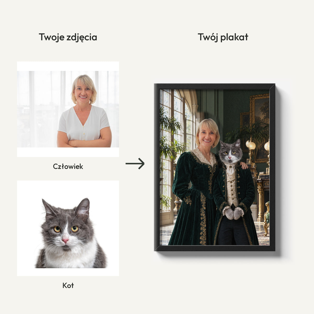 Szmaragdowy Dwór — plakat z kotem — dwa zdjęcia człowieka i pupila oraz gotowy wspólny portret C-PL-ROY-PET-01-2130-NF