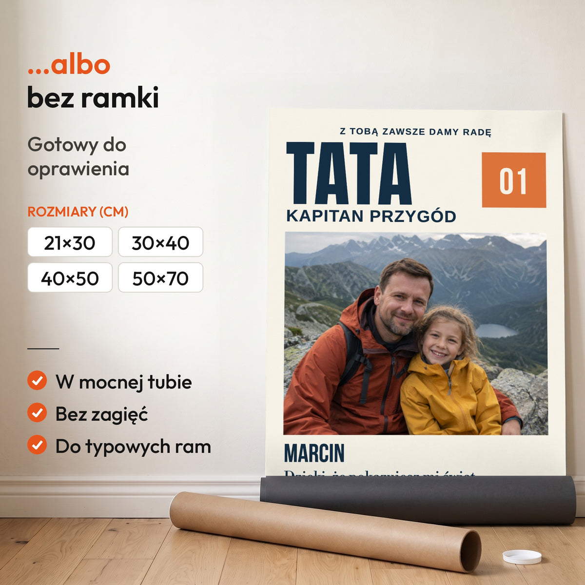 Kapitan Przygód — plakat bez ramki, gotowy do oprawienia: rozwinięty z rolki, obok tuba do wysyłki. C-PL-HEART-22-2130-NF