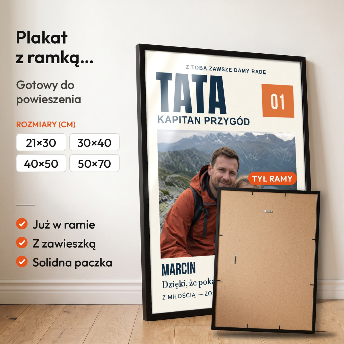Kapitan Przygód — plakat z ramką, gotowy do powieszenia: czarna rama od przodu i tył ramy z zawieszką. C-PL-HEART-22-2130-NF