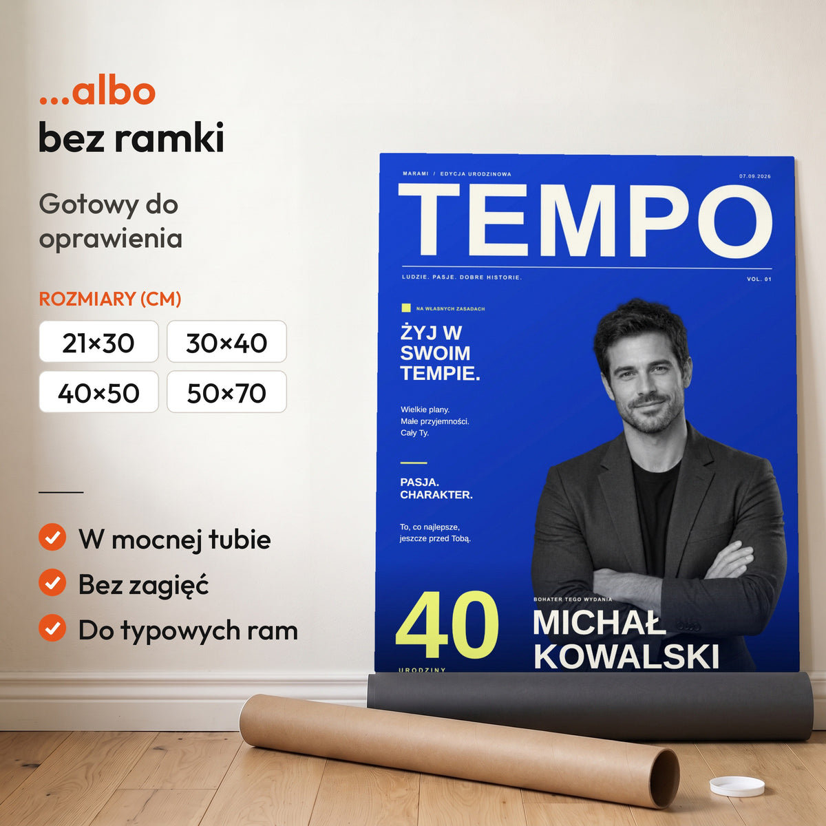 TEMPO — plakat bez ramki, gotowy do oprawienia: rozwinięty z rolki, obok tuba do wysyłki. C-PL-COVMAG-4-2130-NF