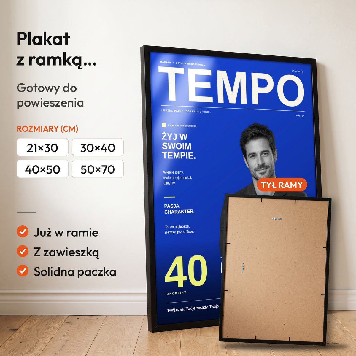 TEMPO — plakat z ramką, gotowy do powieszenia: czarna rama od przodu i tył ramy z zawieszką. C-PL-COVMAG-4-2130-NF