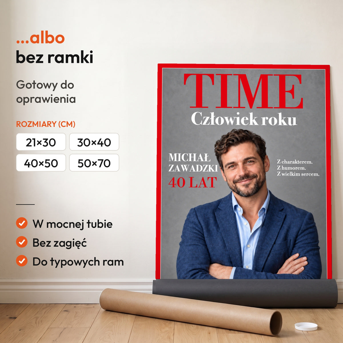 TIME — plakat bez ramki, gotowy do oprawienia: rozwinięty z rolki, obok tuba do wysyłki. C-PL-COVMAG-17-2130-NF