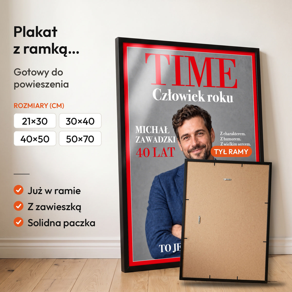 TIME — plakat z ramką, gotowy do powieszenia: czarna rama od przodu i tył ramy z zawieszką. C-PL-COVMAG-17-2130-NF