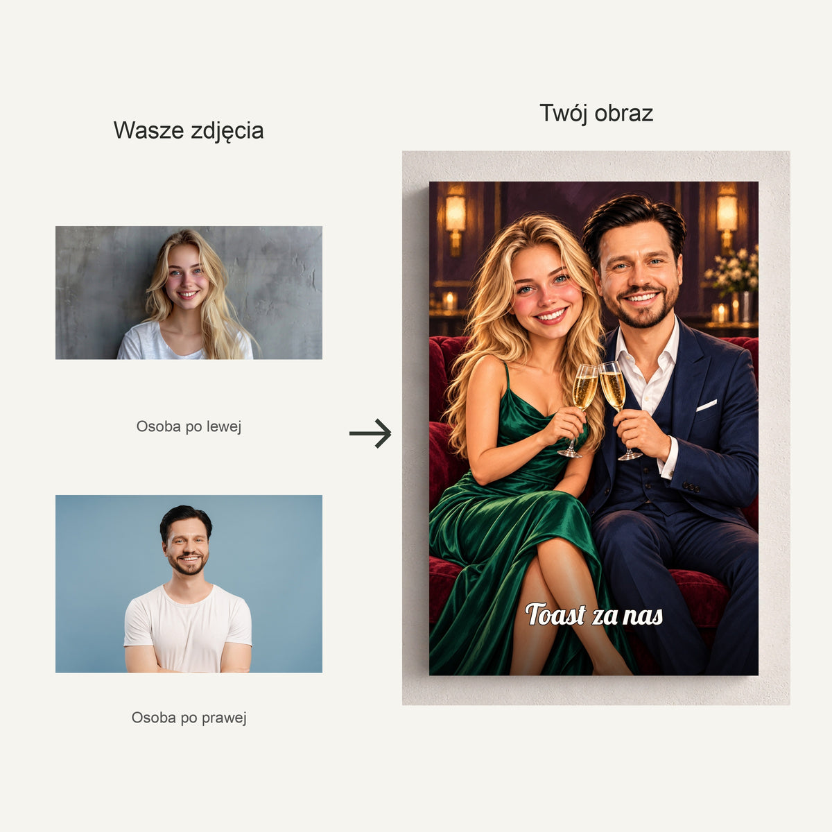 Toast Za Nas — zdjęcie przed i karykatura po personalizacji C-CV-KAR-DOUB-01-2030
