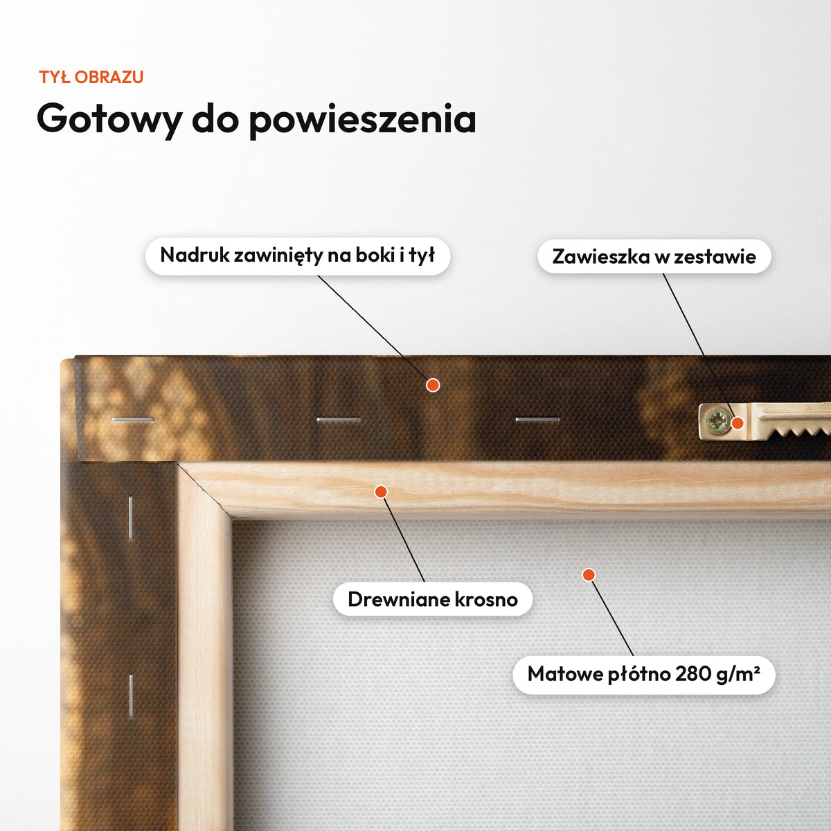 Król z piwem — tył obrazu na płótnie gotowy do powieszenia: nadruk zawinięty na boki i tył, zawieszka w zestawie, drewniane krosno, matowe płótno 280 g/m² C-CV-ROY-02-2030