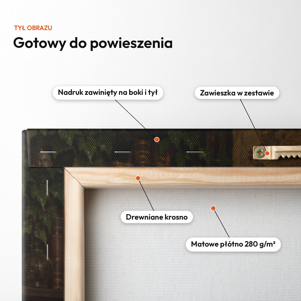 Odkrywca świata — tył obrazu na płótnie gotowy do powieszenia: nadruk zawinięty na boki i tył, zawieszka w zestawie, drewniane krosno, matowe płótno 280 g/m² C-CV-ROY-20-2030