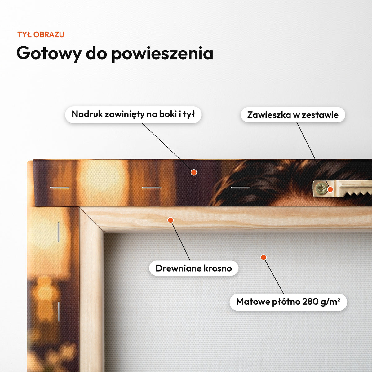 Toast Za Nas — tył obrazu na płótnie gotowy do powieszenia: nadruk zawinięty na boki i tył, zawieszka w zestawie, drewniane krosno, matowe płótno 280 g/m² C-CV-KAR-DOUB-01-2030