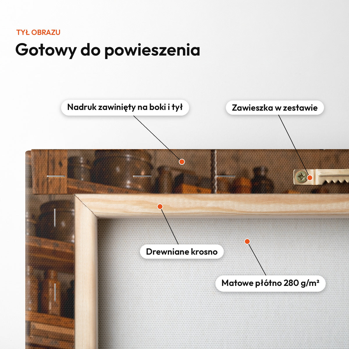 Złota Rączka — tył obrazu na płótnie gotowy do powieszenia: nadruk zawinięty na boki i tył, zawieszka w zestawie, drewniane krosno, matowe płótno 280 g/m² C-CV-KAR-15-2030