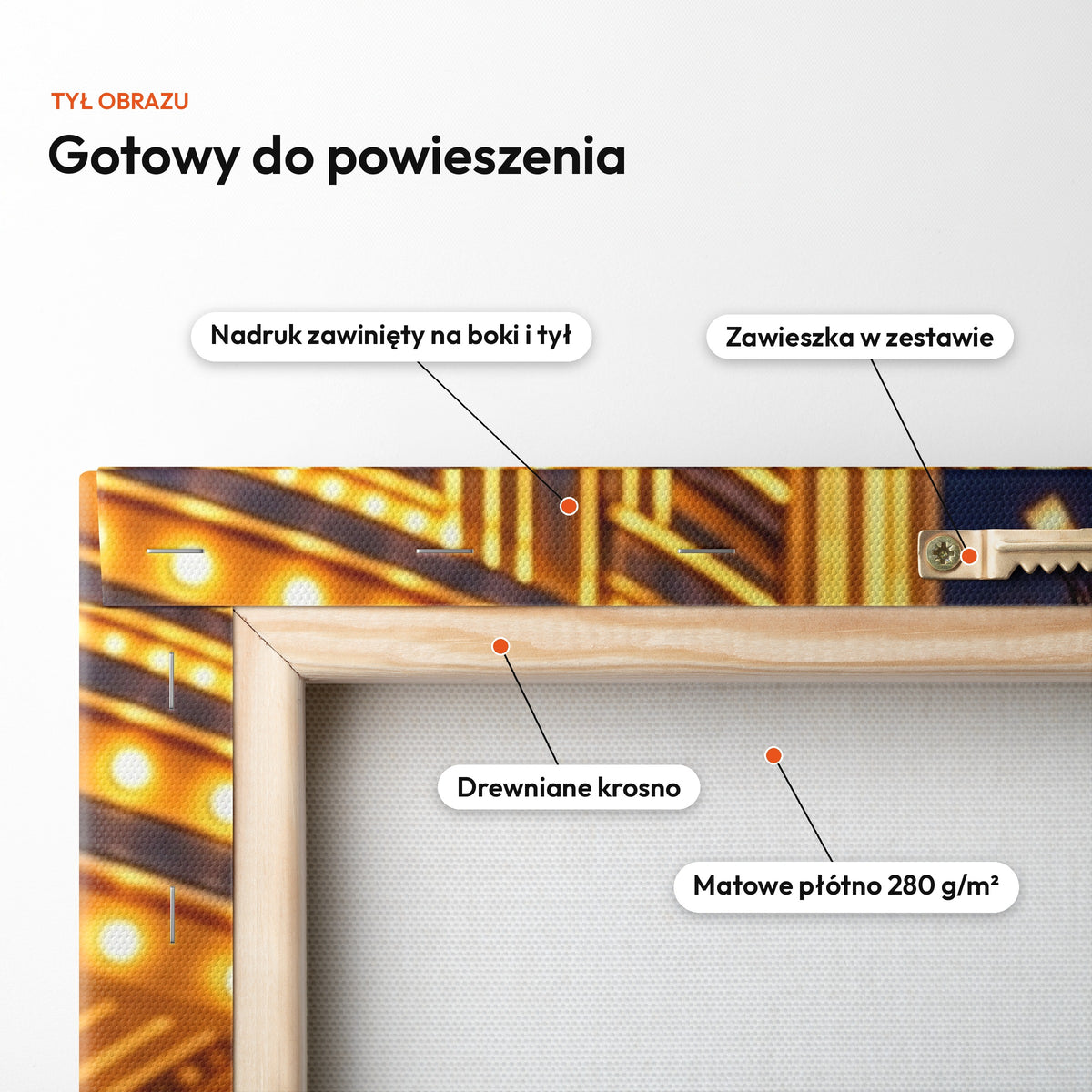 Gwiazda Czerwonego Dywanu — tył obrazu na płótnie gotowy do powieszenia: nadruk zawinięty na boki i tył, zawieszka w zestawie, drewniane krosno, matowe płótno 280 g/m² C-CV-KAR-17-2030