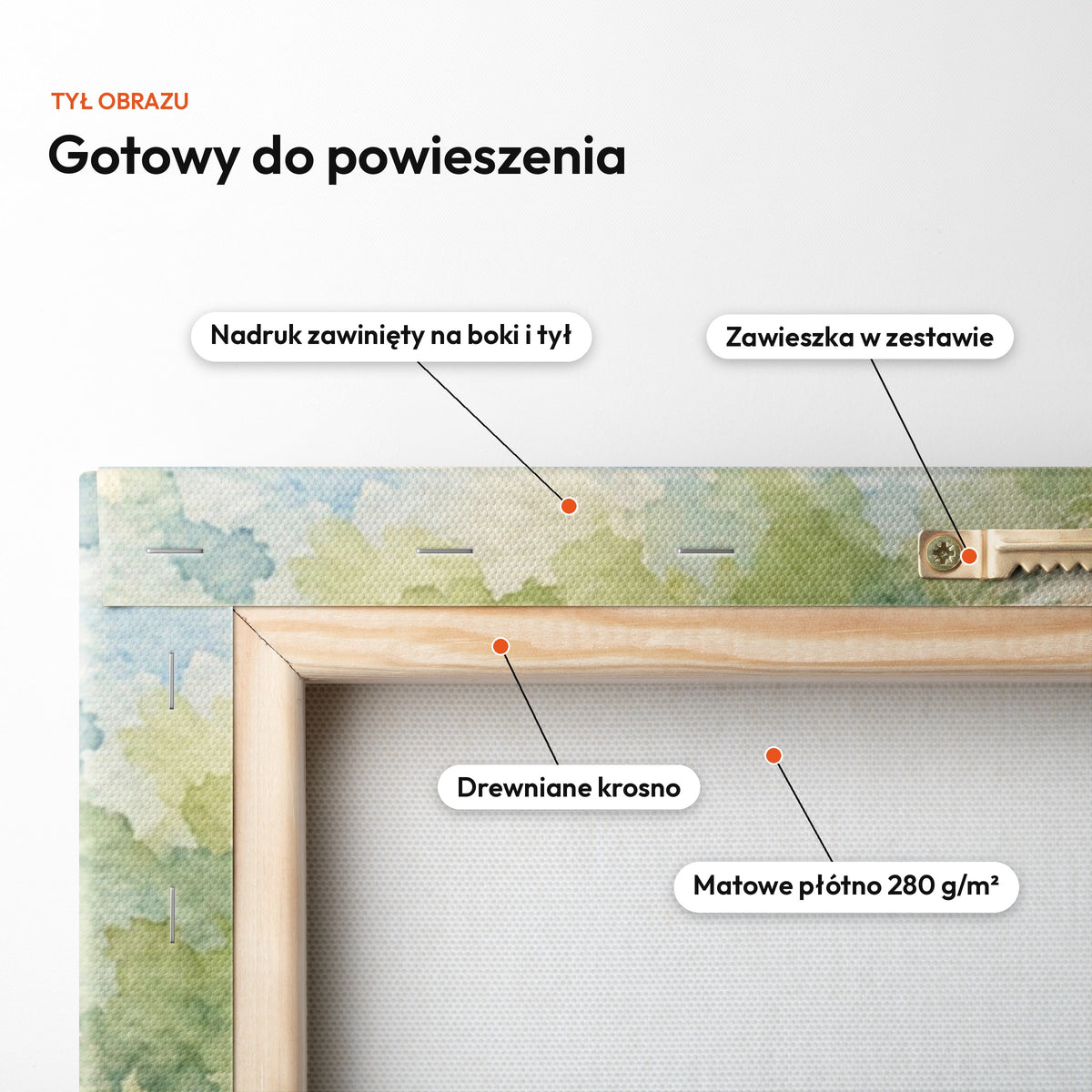 Akwarelowy ogród — tył obrazu na płótnie gotowy do powieszenia: nadruk zawinięty na boki i tył, zawieszka w zestawie, drewniane krosno, matowe płótno 280 g/m² C-CV-AI-4-2030