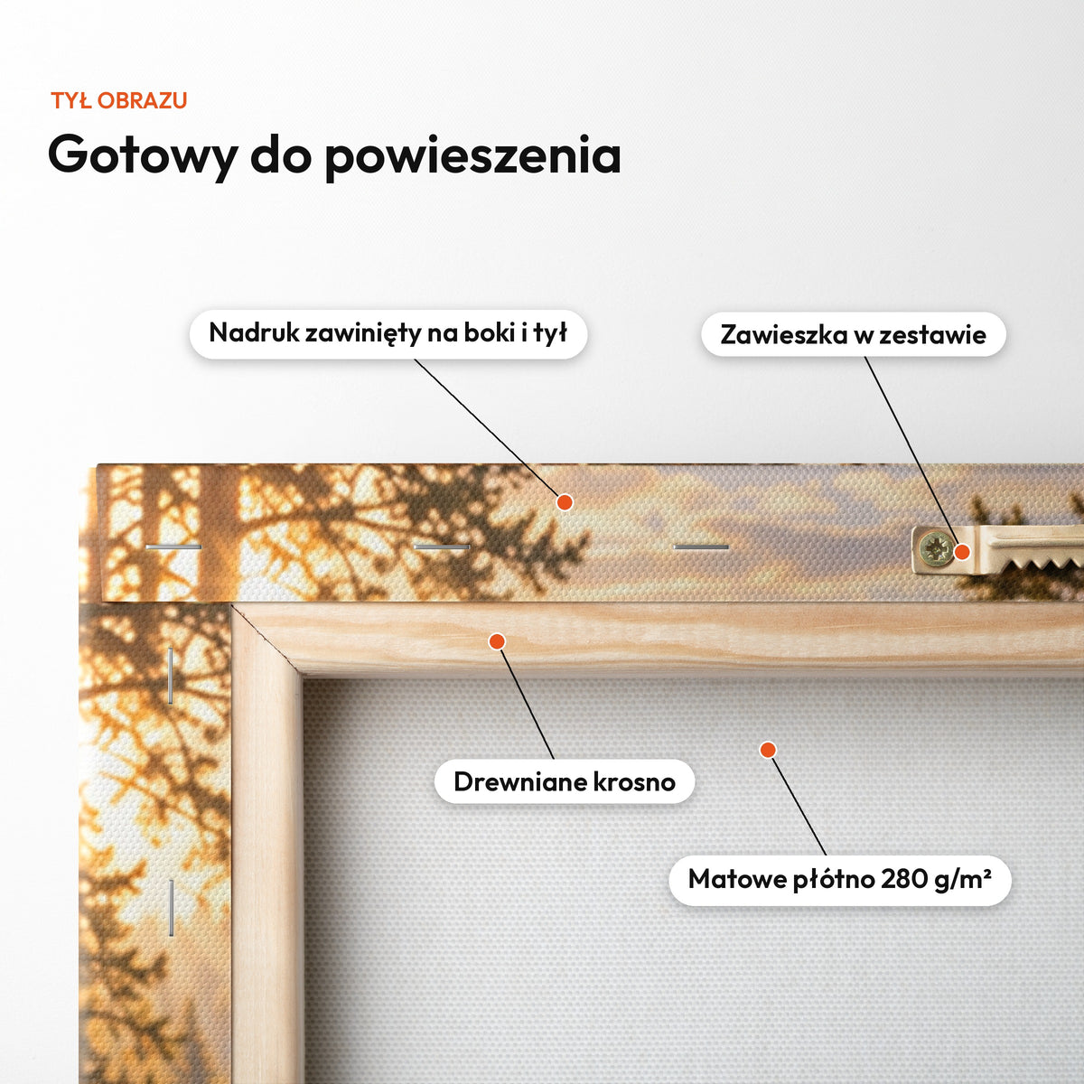 Grzybiarz — tył obrazu na płótnie gotowy do powieszenia: nadruk zawinięty na boki i tył, zawieszka w zestawie, drewniane krosno, matowe płótno 280 g/m² C-CV-KAR-10-2030