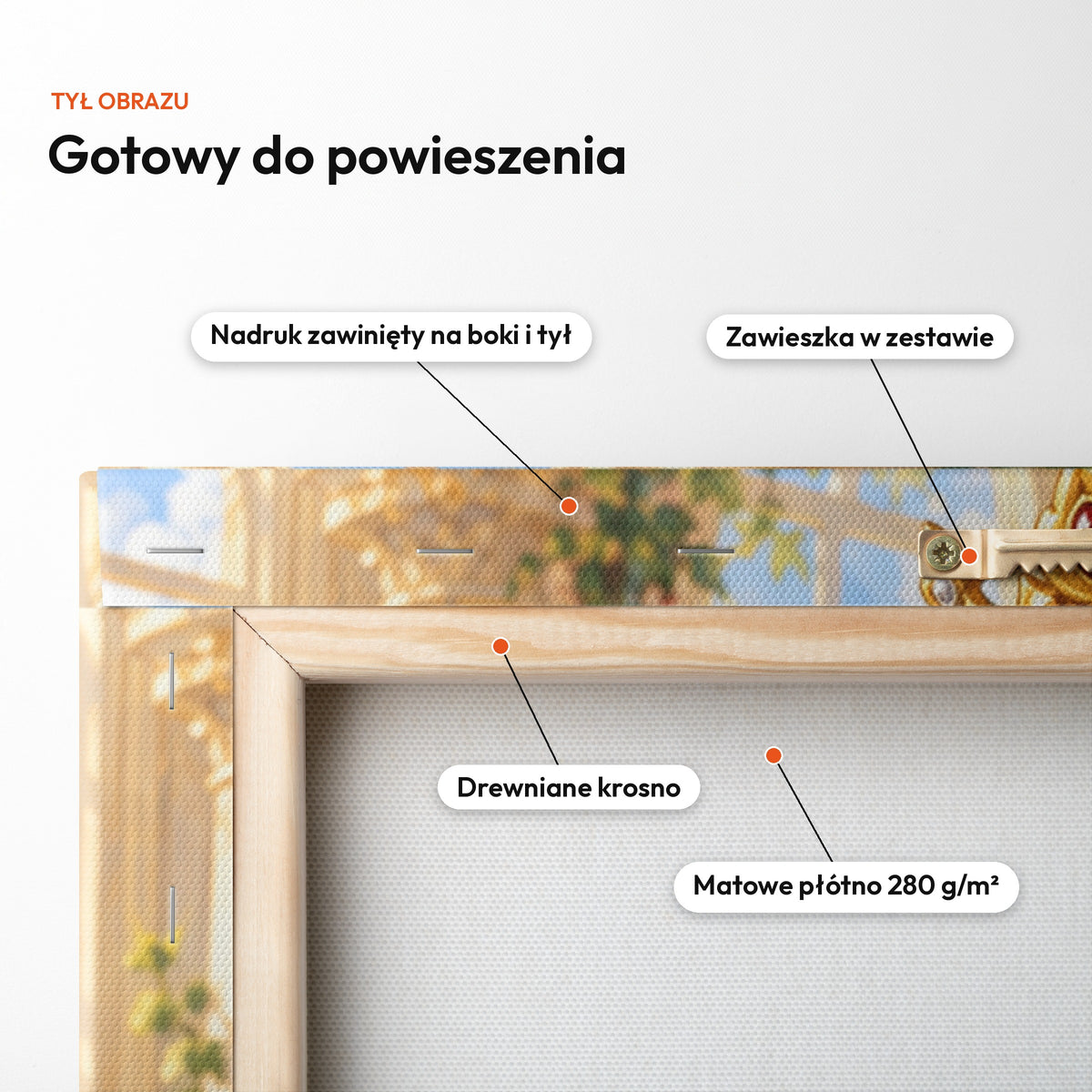 Królowa Babcia — tył obrazu na płótnie gotowy do powieszenia: nadruk zawinięty na boki i tył, zawieszka w zestawie, drewniane krosno, matowe płótno 280 g/m² C-CV-KAR-07-2030