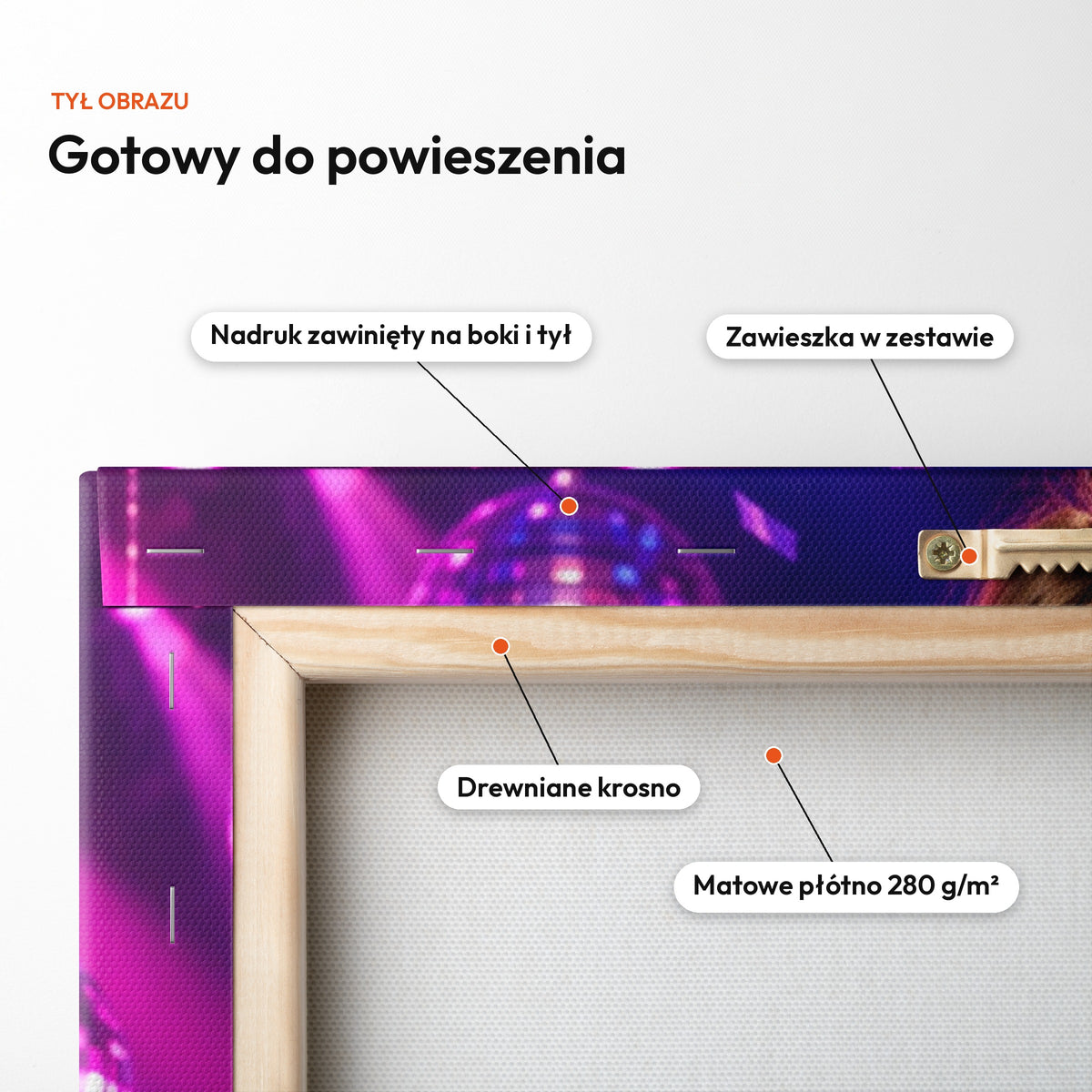 Disco — tył obrazu na płótnie gotowy do powieszenia: nadruk zawinięty na boki i tył, zawieszka w zestawie, drewniane krosno, matowe płótno 280 g/m² C-CV-KAR-02-2030