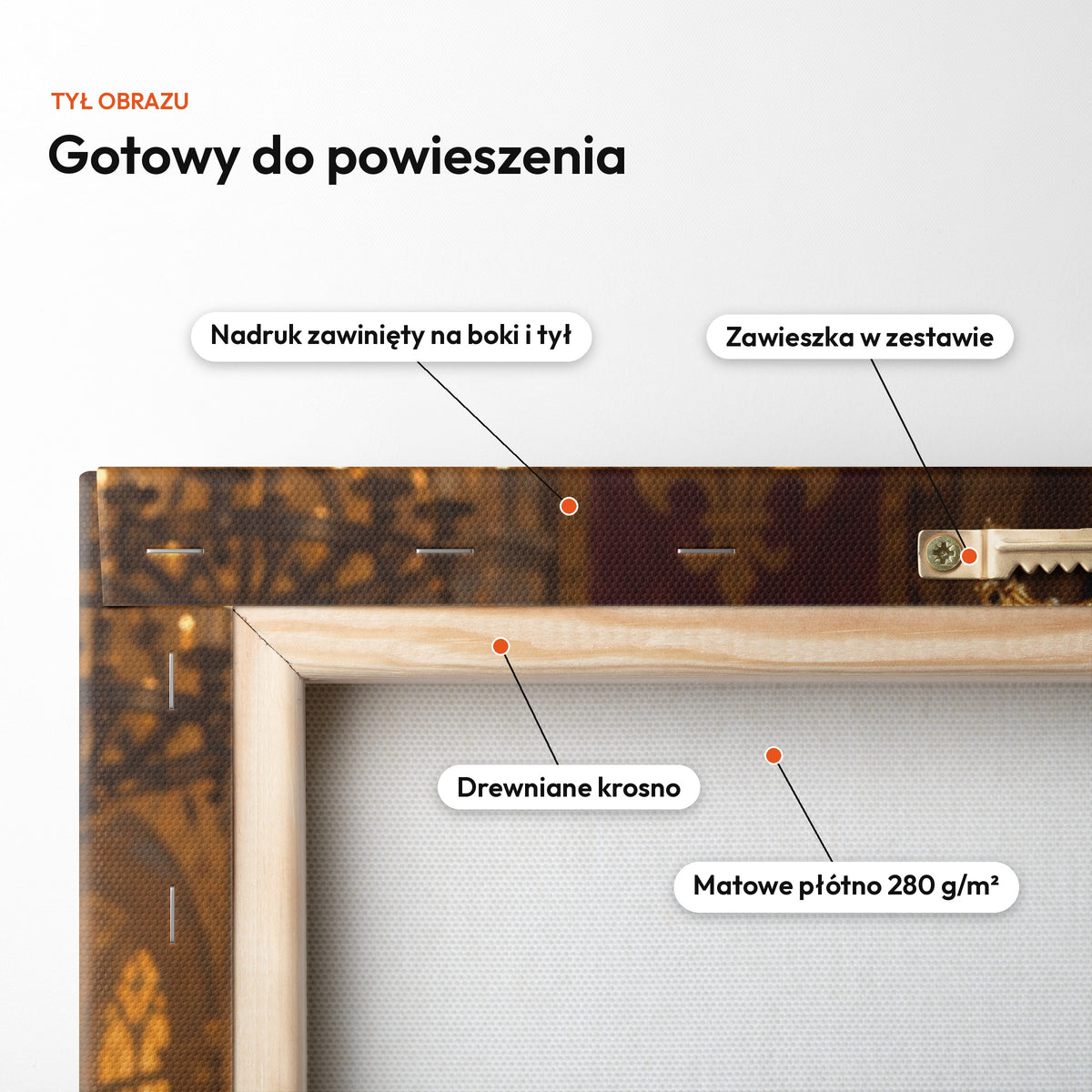 Król kebaba — tył obrazu na płótnie gotowy do powieszenia: nadruk zawinięty na boki i tył, zawieszka w zestawie, drewniane krosno, matowe płótno 280 g/m² C-CV-ROY-05-2030