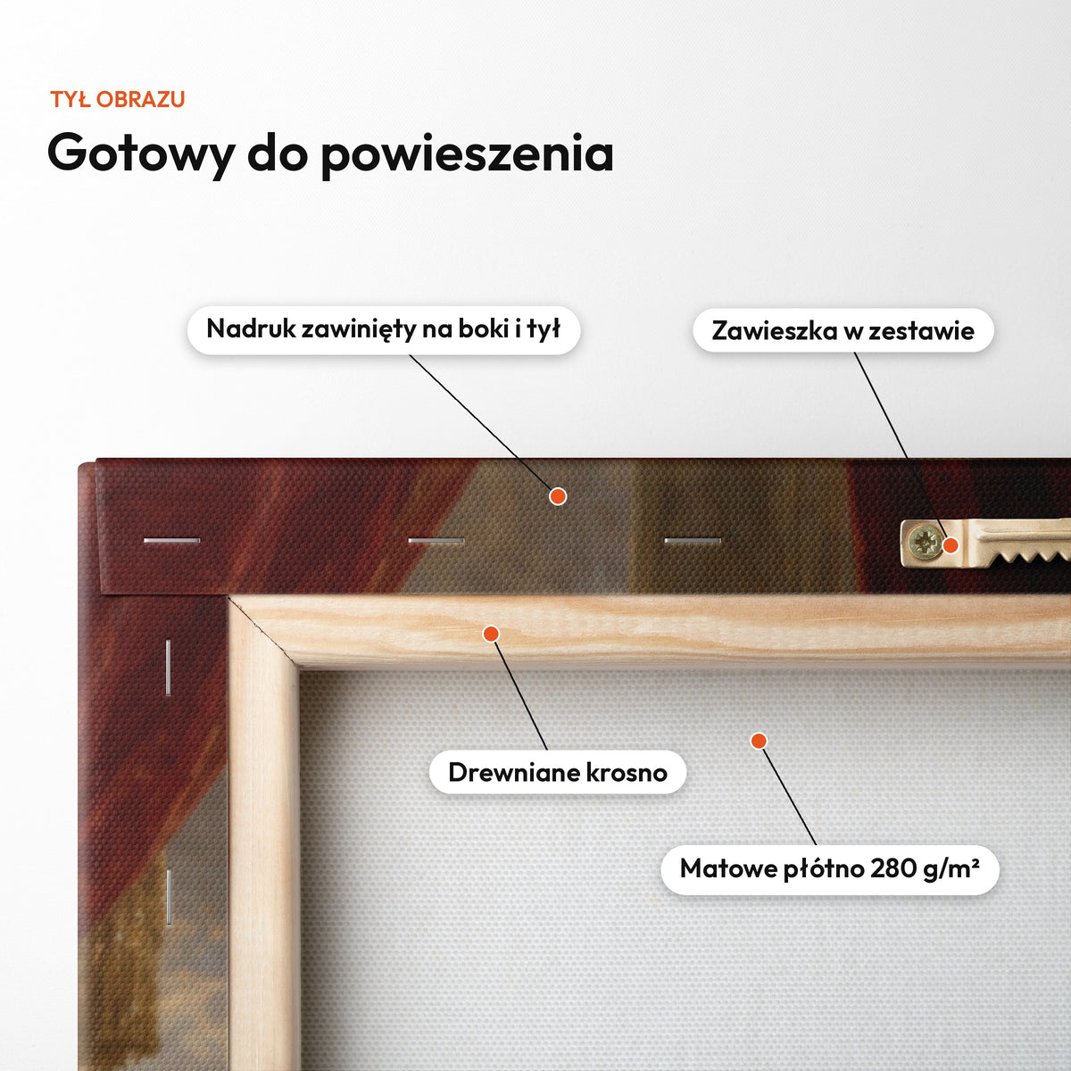Imperator — tył obrazu na płótnie gotowy do powieszenia: nadruk zawinięty na boki i tył, zawieszka w zestawie, drewniane krosno, matowe płótno 280 g/m² C-CV-ROY-10-2030