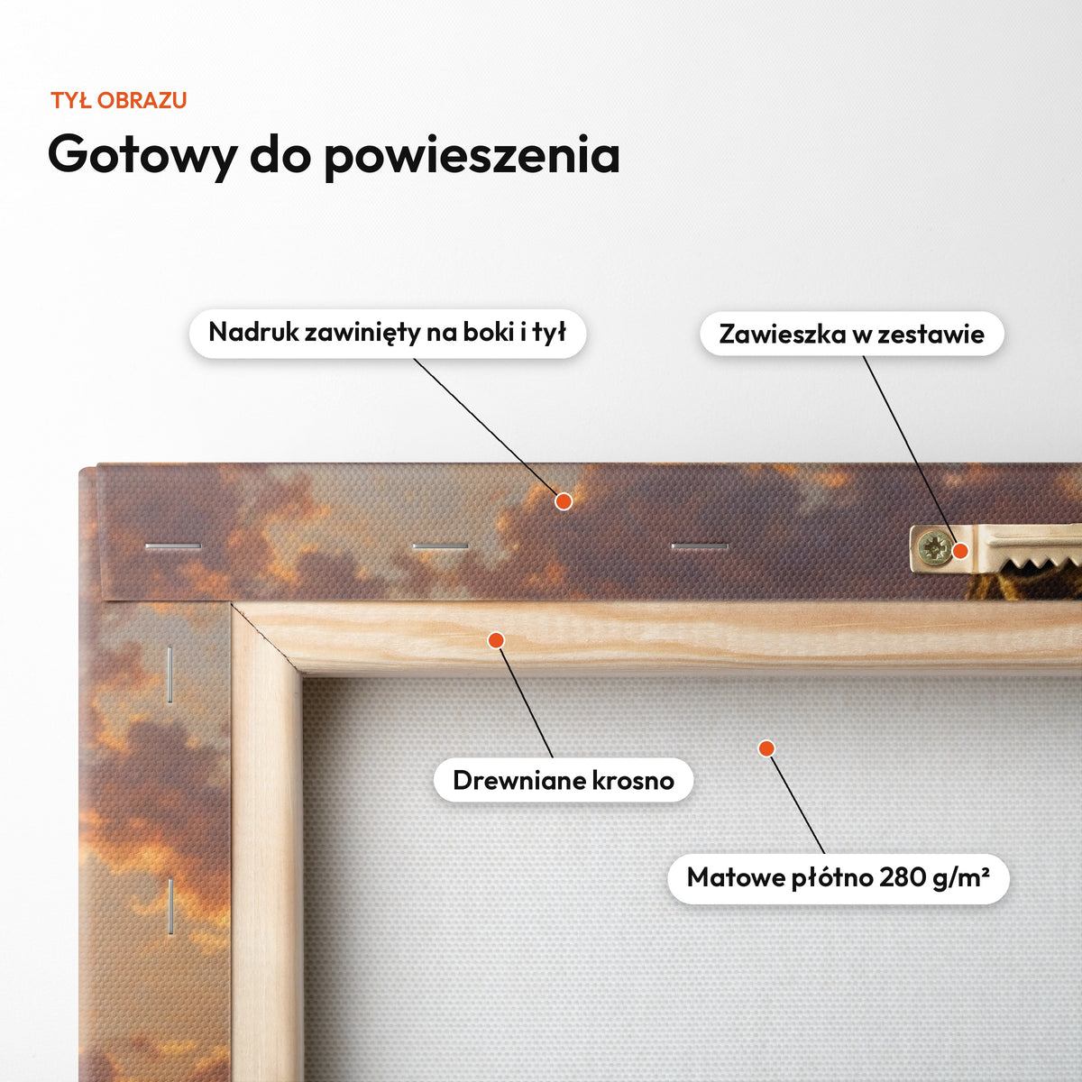 Kapitan piratów — tył obrazu na płótnie gotowy do powieszenia: nadruk zawinięty na boki i tył, zawieszka w zestawie, drewniane krosno, matowe płótno 280 g/m² C-CV-ROY-16-2030