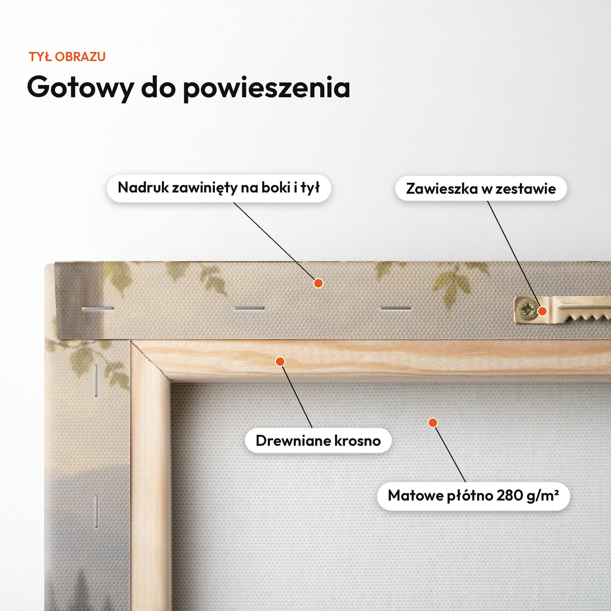 Księżna róż — tył obrazu na płótnie gotowy do powieszenia: nadruk zawinięty na boki i tył, zawieszka w zestawie, drewniane krosno, matowe płótno 280 g/m² C-CV-ROY-19-2030
