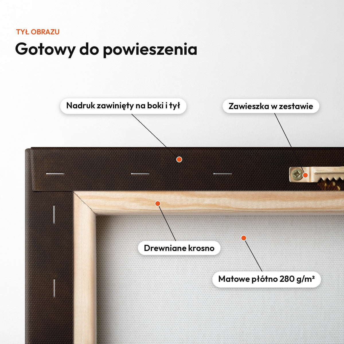 Złoty monarcha — tył obrazu na płótnie gotowy do powieszenia: nadruk zawinięty na boki i tył, zawieszka w zestawie, drewniane krosno, matowe płótno 280 g/m² C-CV-ROY-14-2030