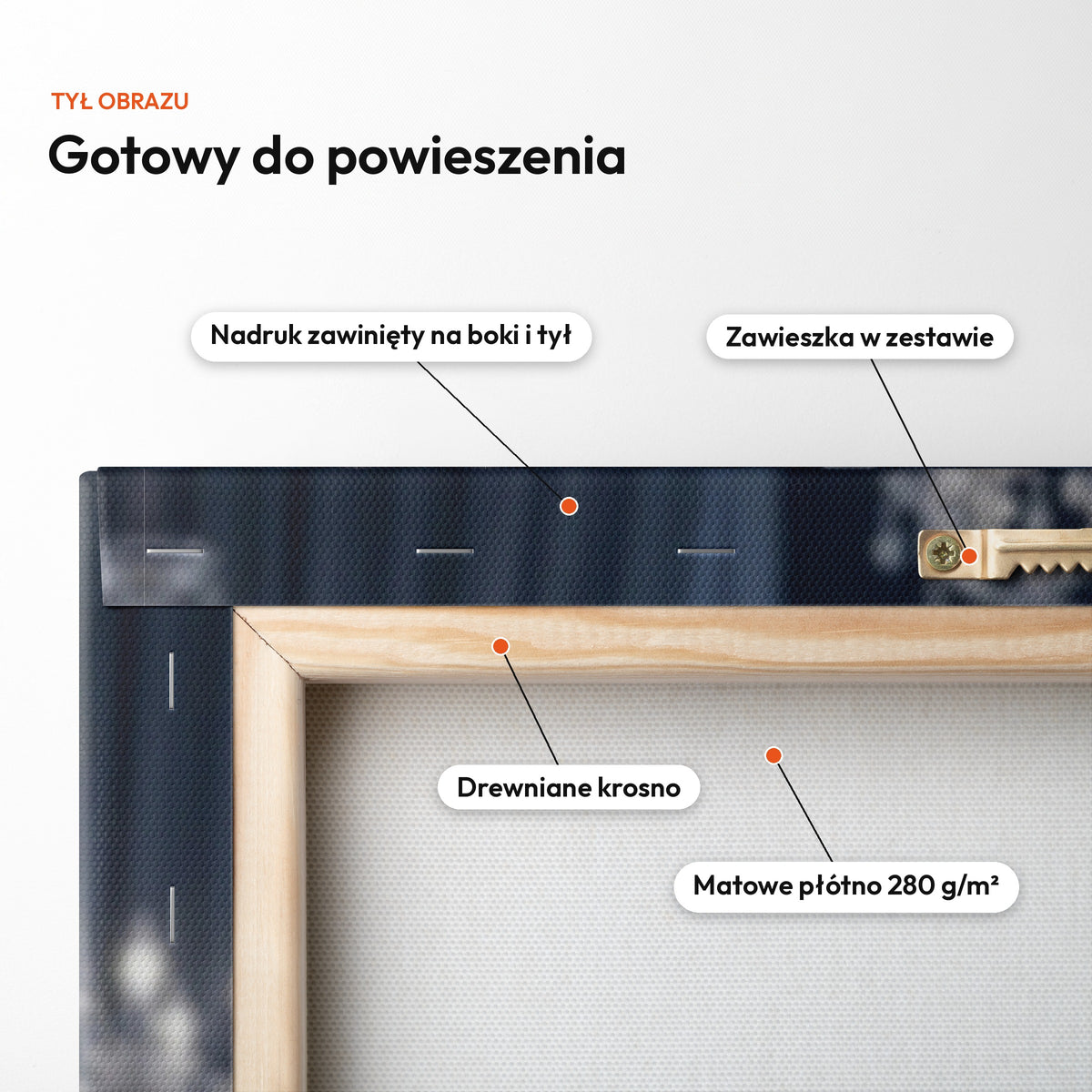 Srebrny Bal — tył obrazu na płótnie gotowy do powieszenia: nadruk zawinięty na boki i tył, zawieszka w zestawie, drewniane krosno, matowe płótno 280 g/m² C-CV-KAR-DOUB-06-2030