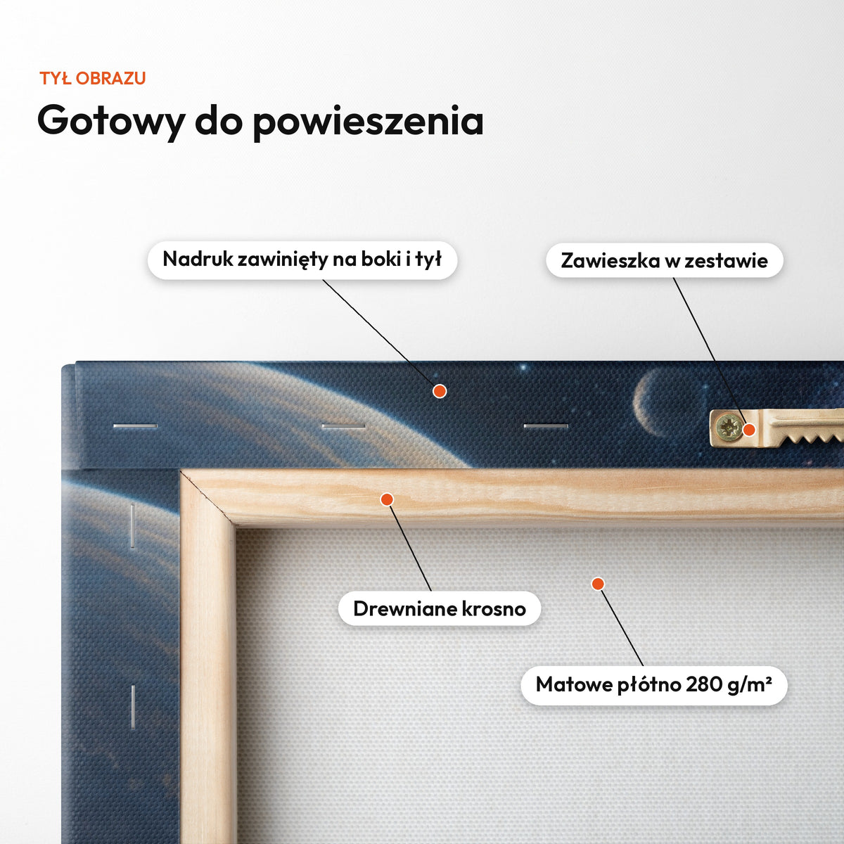Strażnik galaktyki — tył obrazu na płótnie gotowy do powieszenia: nadruk zawinięty na boki i tył, zawieszka w zestawie, drewniane krosno, matowe płótno 280 g/m² C-CV-ROY-09-2030