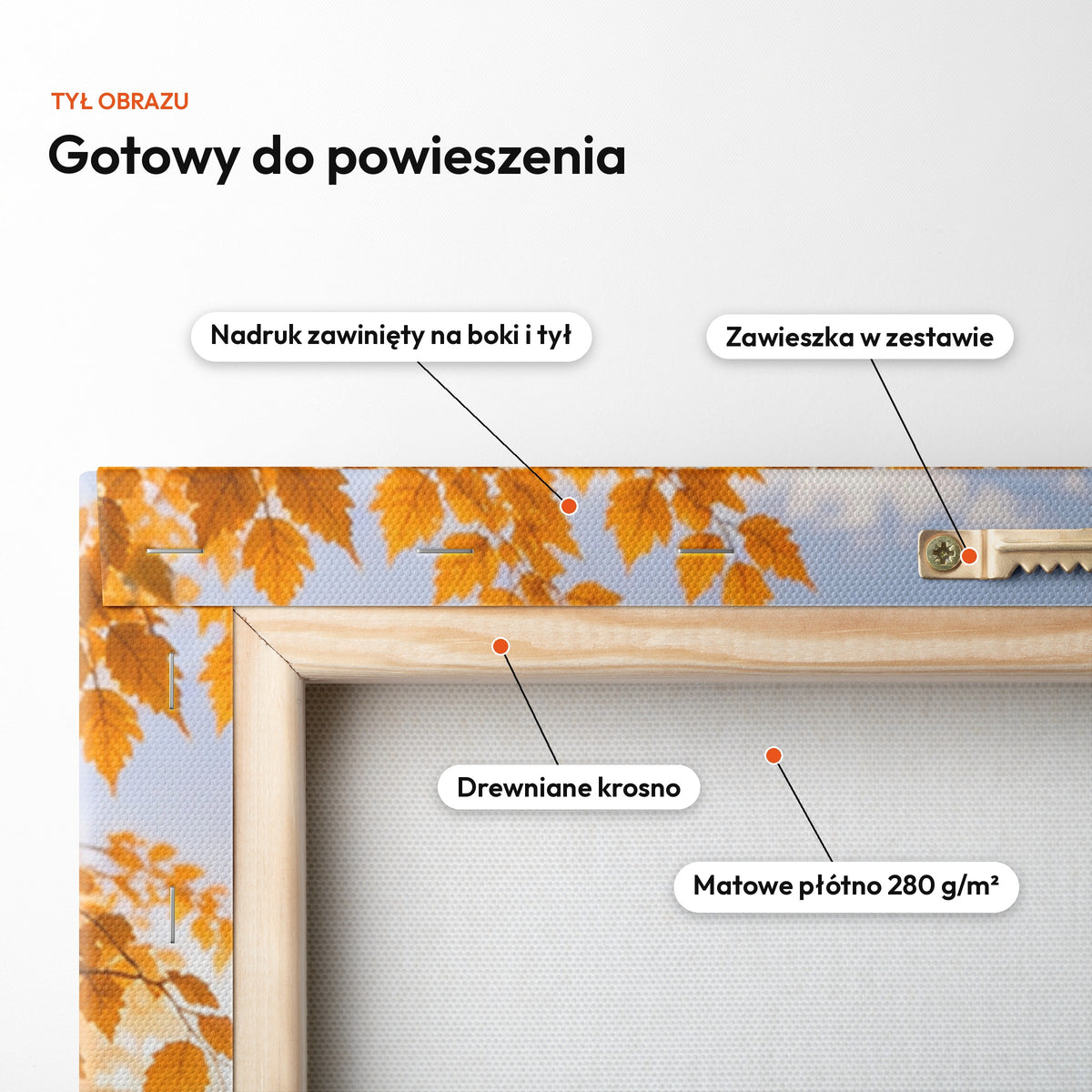 Grzybiarka — tył obrazu na płótnie gotowy do powieszenia: nadruk zawinięty na boki i tył, zawieszka w zestawie, drewniane krosno, matowe płótno 280 g/m² C-CV-KAR-11-2030
