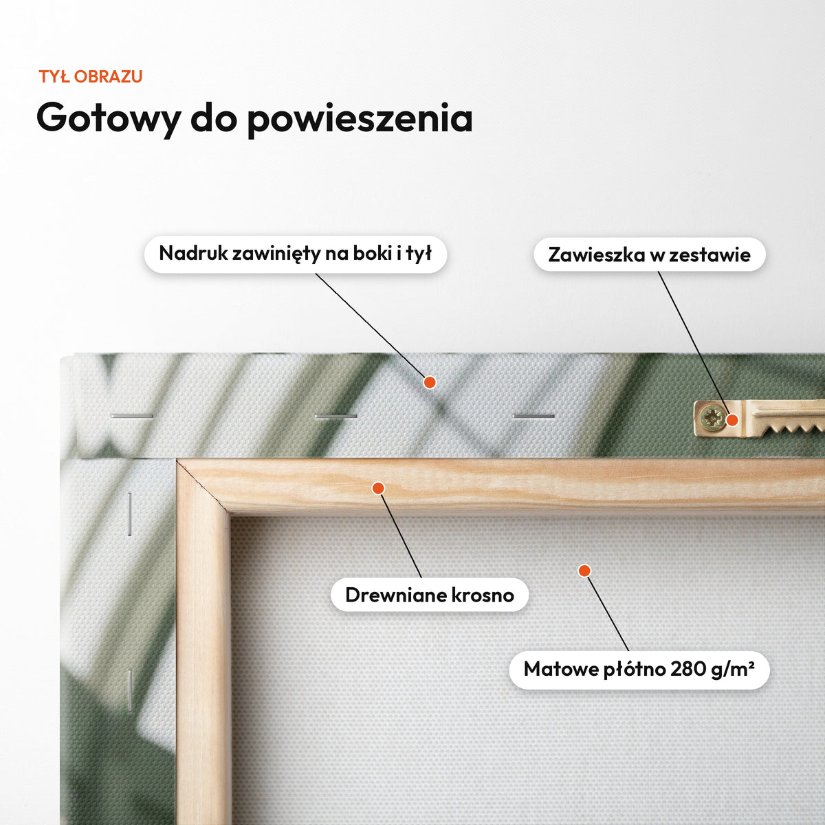 Rocznica w Oranżerii — tył obrazu na płótnie gotowy do powieszenia: nadruk zawinięty na boki i tył, zawieszka w zestawie, drewniane krosno, matowe płótno 280 g/m² C-CV-KAR-DOUB-05-2030