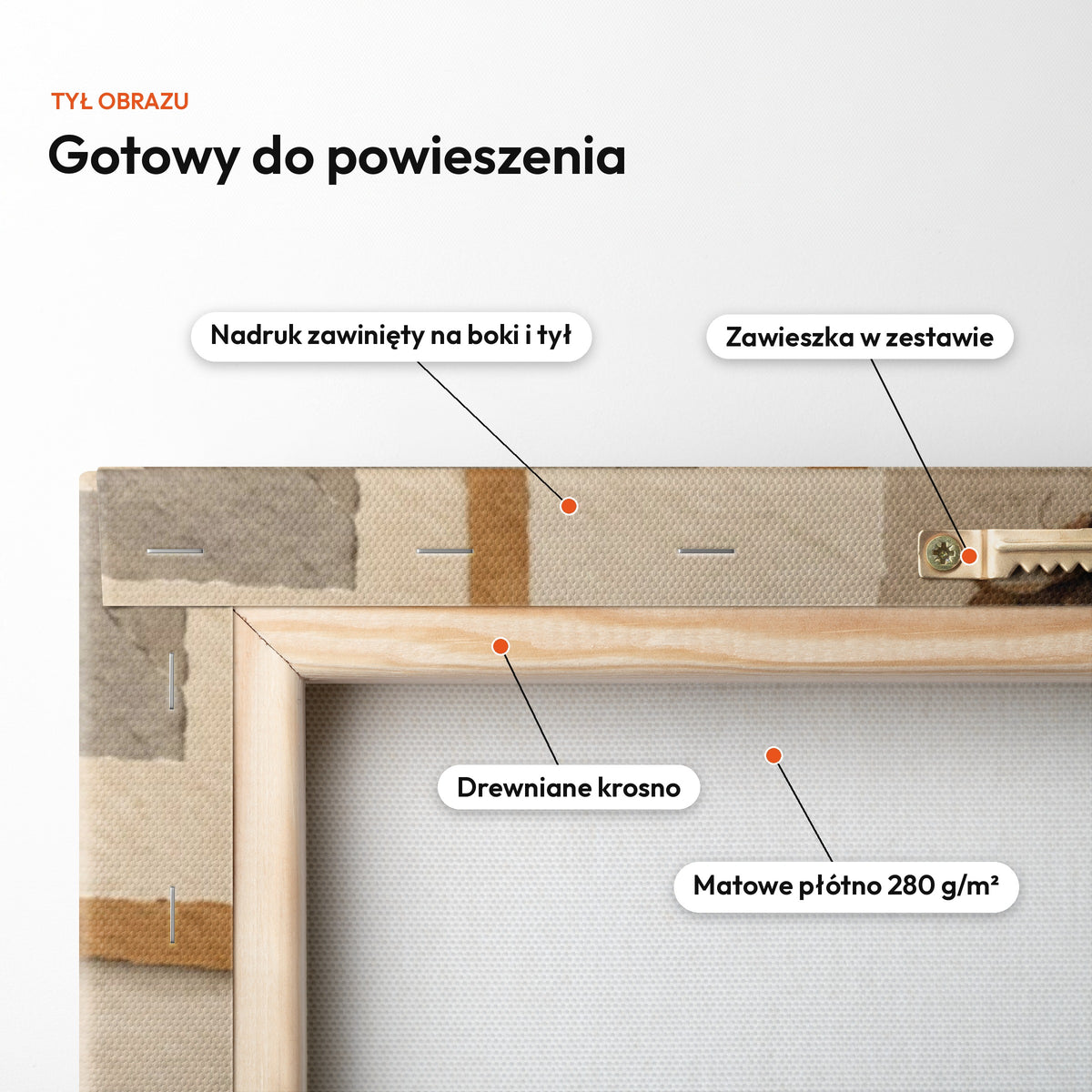 Papierowy portret — tył obrazu na płótnie gotowy do powieszenia: nadruk zawinięty na boki i tył, zawieszka w zestawie, drewniane krosno, matowe płótno 280 g/m² C-CV-AI-10-2030