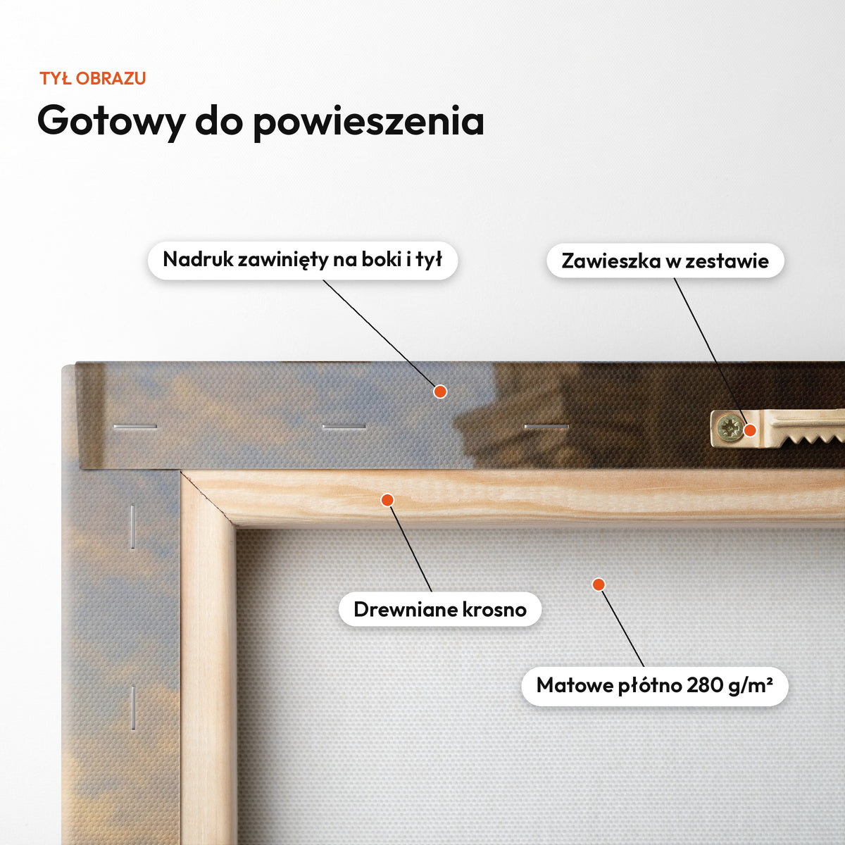 Królowa — tył obrazu na płótnie gotowy do powieszenia: nadruk zawinięty na boki i tył, zawieszka w zestawie, drewniane krosno, matowe płótno 280 g/m² C-CV-ROY-04-2030