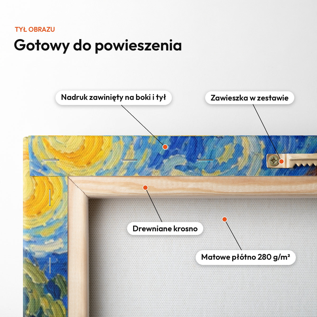 Van Gogh — tył obrazu na płótnie gotowy do powieszenia: nadruk zawinięty na boki i tył, zawieszka w zestawie, drewniane krosno, matowe płótno 280 g/m² C-CV-AI-1-2030