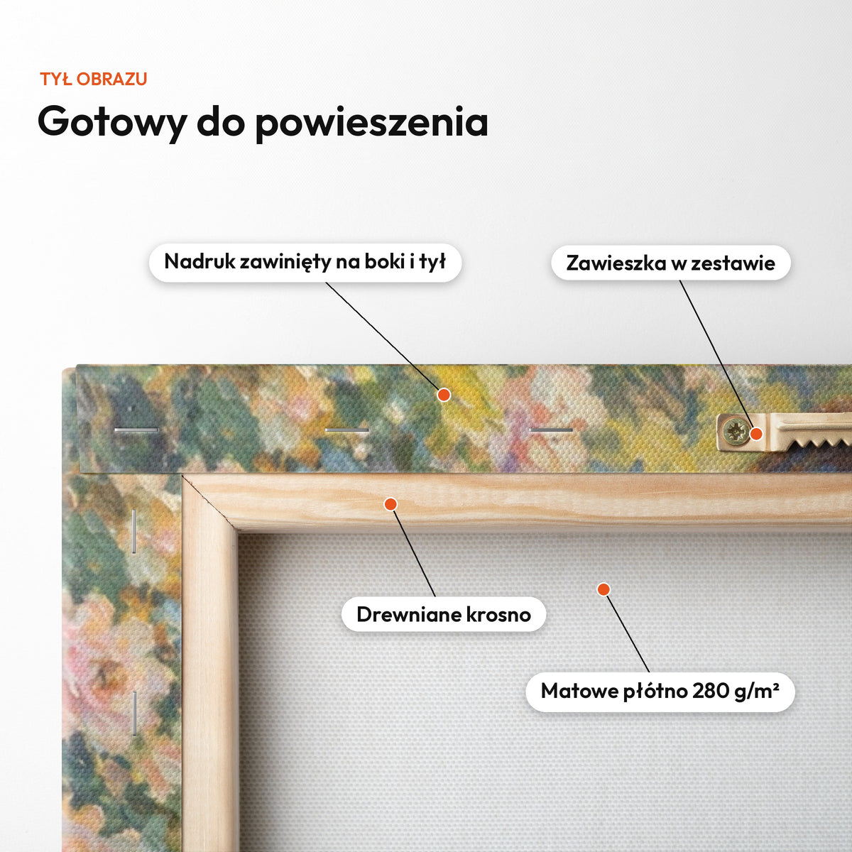 Ogród światła — tył obrazu na płótnie gotowy do powieszenia: nadruk zawinięty na boki i tył, zawieszka w zestawie, drewniane krosno, matowe płótno 280 g/m² C-CV-AI-2-2030