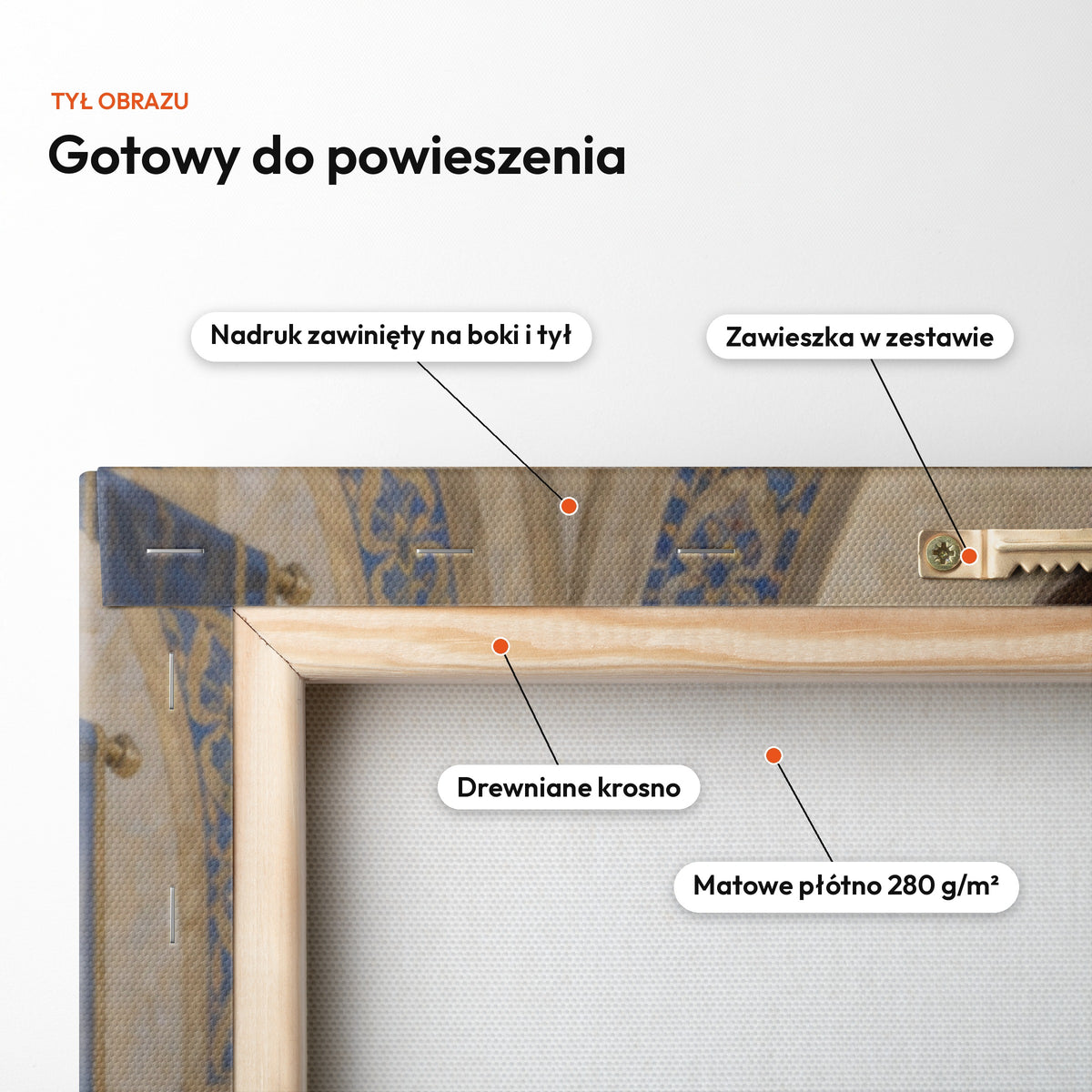 Książę złotego pałacu — tył obrazu na płótnie gotowy do powieszenia: nadruk zawinięty na boki i tył, zawieszka w zestawie, drewniane krosno, matowe płótno 280 g/m² C-CV-ROY-13-2030