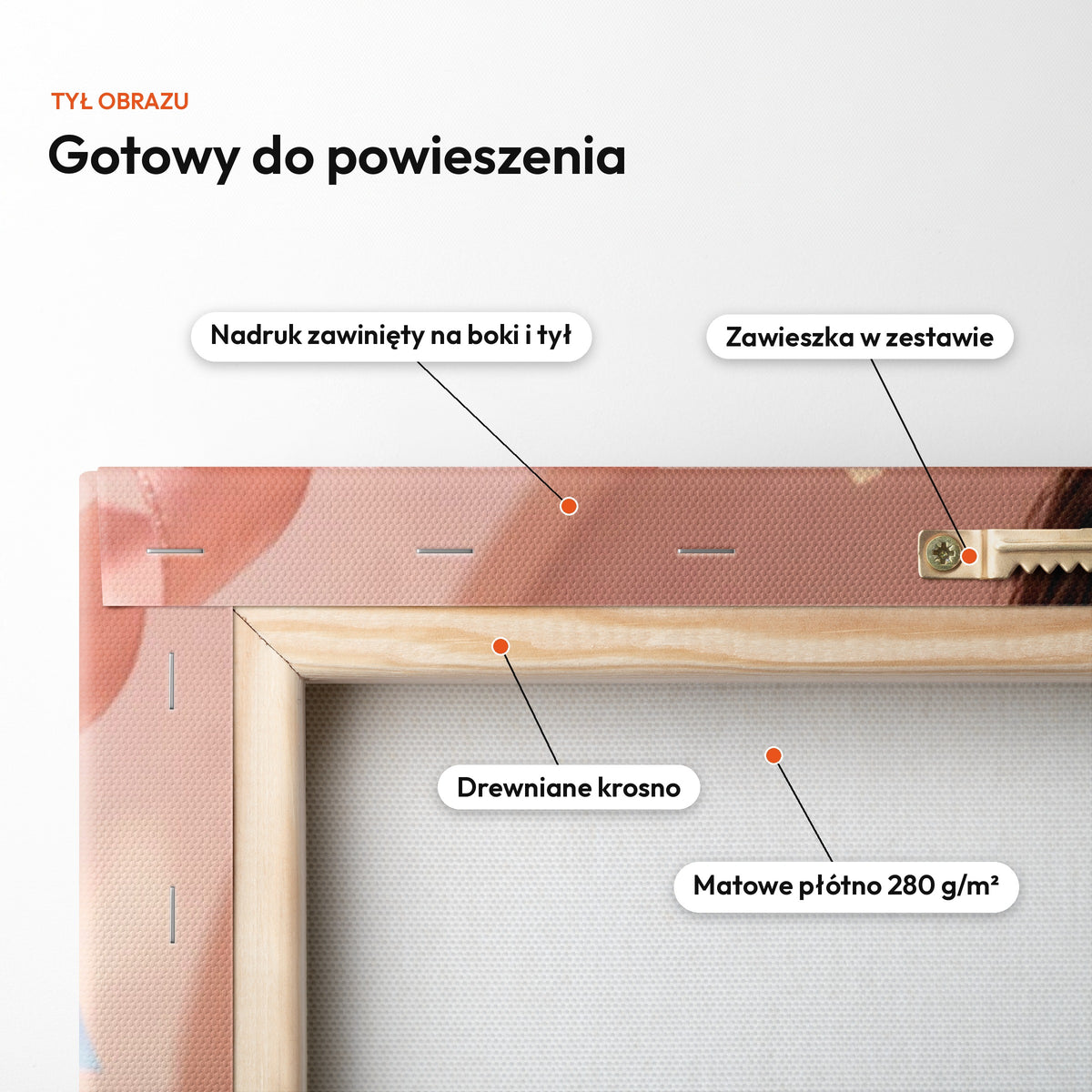 Słodkie Urodziny — tył obrazu na płótnie gotowy do powieszenia: nadruk zawinięty na boki i tył, zawieszka w zestawie, drewniane krosno, matowe płótno 280 g/m² C-CV-KAR-05-2030