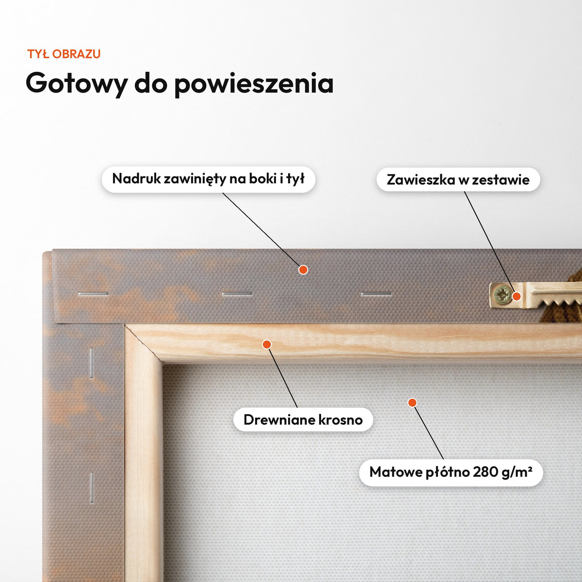 Wielki generał — tył obrazu na płótnie gotowy do powieszenia: nadruk zawinięty na boki i tył, zawieszka w zestawie, drewniane krosno, matowe płótno 280 g/m² C-CV-ROY-12-2030