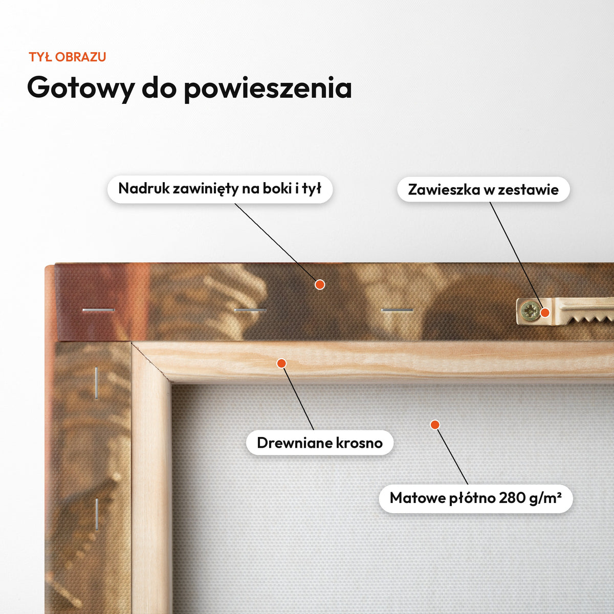 Gladiator — tył obrazu na płótnie gotowy do powieszenia: nadruk zawinięty na boki i tył, zawieszka w zestawie, drewniane krosno, matowe płótno 280 g/m² C-CV-ROY-22-2030