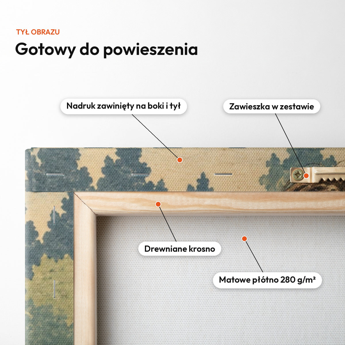 Japoński drzeworyt — tył obrazu na płótnie gotowy do powieszenia: nadruk zawinięty na boki i tył, zawieszka w zestawie, drewniane krosno, matowe płótno 280 g/m² C-CV-AI-9-2030
