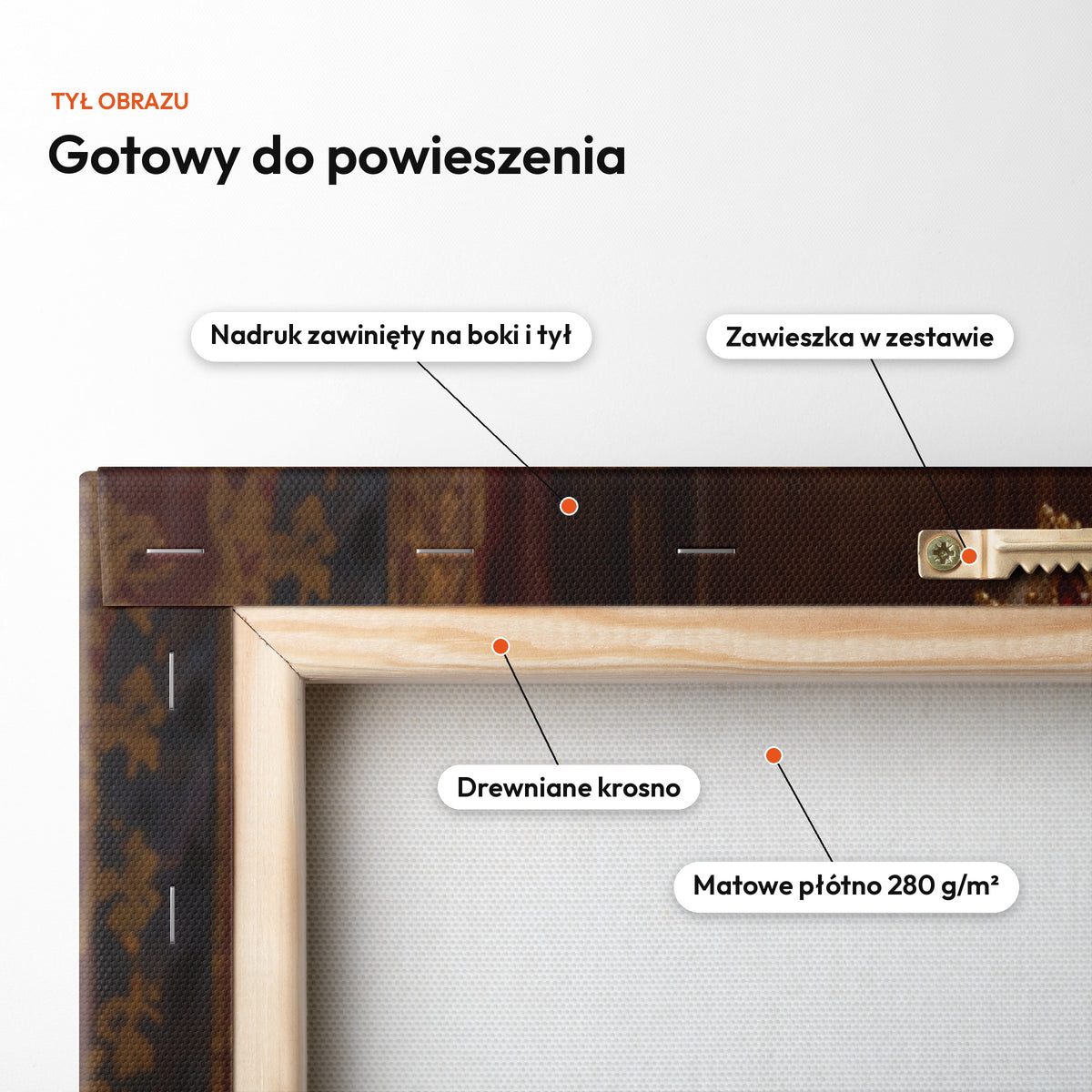 Cesarzowa — tył obrazu na płótnie gotowy do powieszenia: nadruk zawinięty na boki i tył, zawieszka w zestawie, drewniane krosno, matowe płótno 280 g/m² C-CV-ROY-08-2030