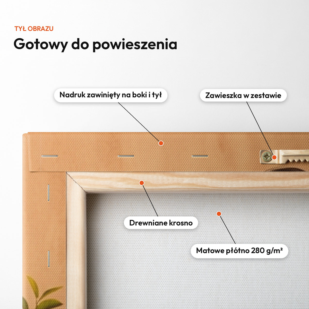 Nasze Dolce Vita — tył obrazu na płótnie gotowy do powieszenia: nadruk zawinięty na boki i tył, zawieszka w zestawie, drewniane krosno, matowe płótno 280 g/m² C-CV-KAR-DOUB-09-2030