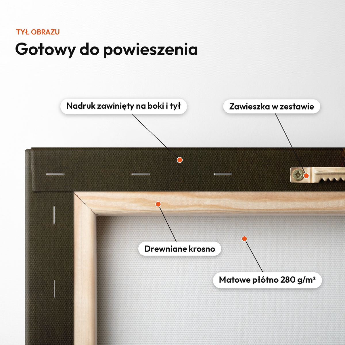 Królowa wina — tył obrazu na płótnie gotowy do powieszenia: nadruk zawinięty na boki i tył, zawieszka w zestawie, drewniane krosno, matowe płótno 280 g/m² C-CV-ROY-11-2030