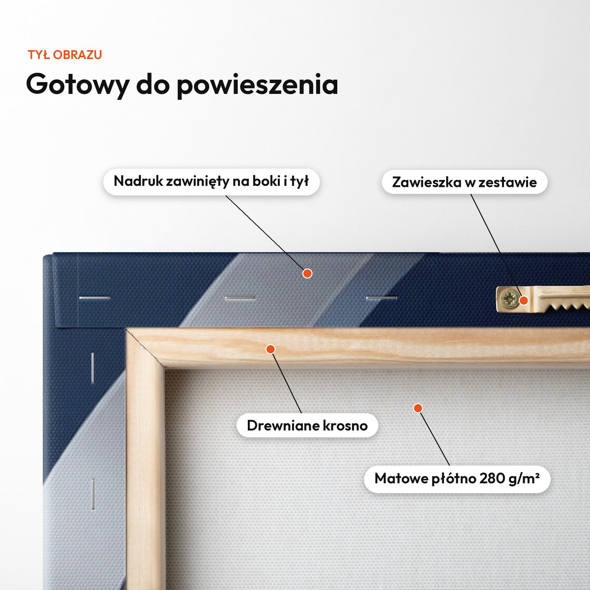 Platynowa Premiera — tył obrazu na płótnie gotowy do powieszenia: nadruk zawinięty na boki i tył, zawieszka w zestawie, drewniane krosno, matowe płótno 280 g/m² C-CV-KAR-DOUB-11-2030