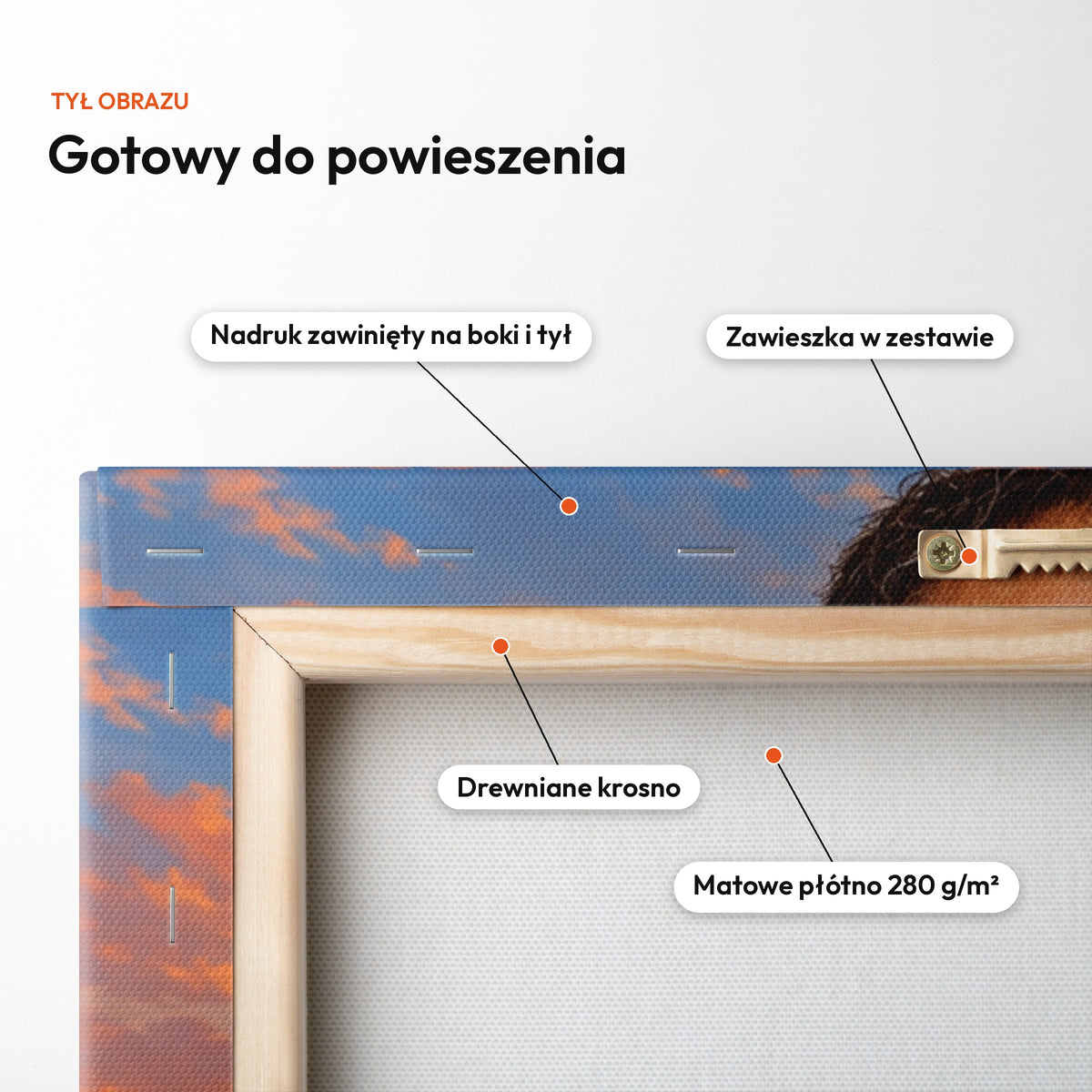 Motocyklista — tył obrazu na płótnie gotowy do powieszenia: nadruk zawinięty na boki i tył, zawieszka w zestawie, drewniane krosno, matowe płótno 280 g/m² C-CV-KAR-06-2030