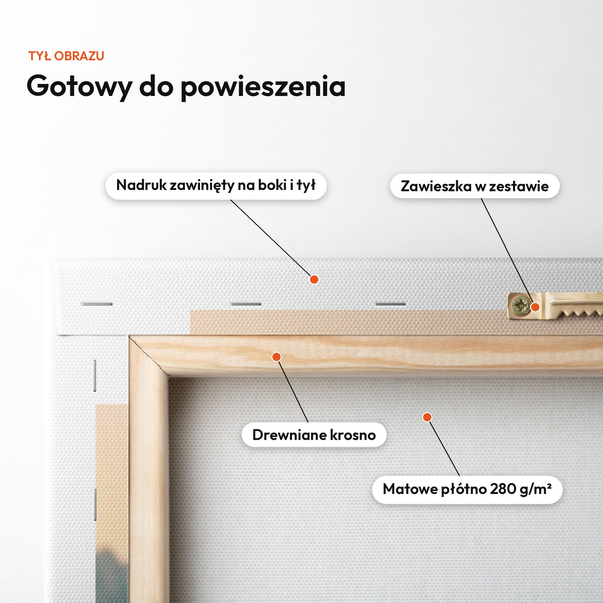 Z Tobą Najlepiej — tył obrazu na płótnie gotowy do powieszenia: nadruk zawinięty na boki i tył, zawieszka w zestawie, drewniane krosno, matowe płótno 280 g/m² C-CV-BAJKA-DOUB-01-2030